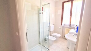 Shower, hair dryer, bidet, towels