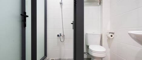 A modern bathroom with a glass shower enclosure, a toilet, and a sink.