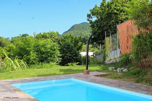 A swimming pool with a clear blue water, surrounded by lush greenery and a mountain in the background.