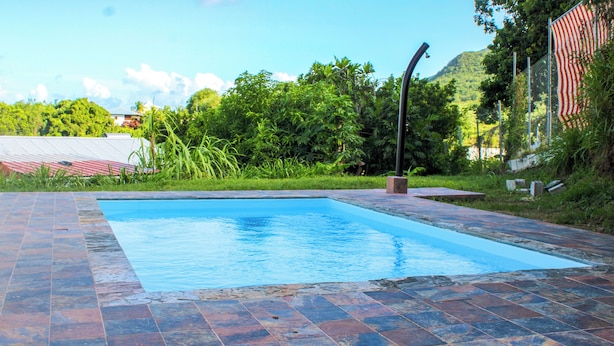 A rectangular swimming pool with a tiled deck, surrounded by greenery and a mountain in the background.