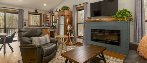 TV connectée, cheminée, livres