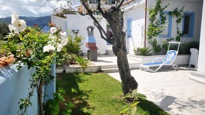 A courtyard with a white building, a tree, a white chair, and a flower bed.