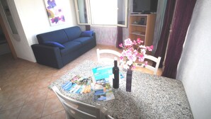 A living area with a blue sofa, a dining table with brochures and a bottle, and a TV on a shelf.