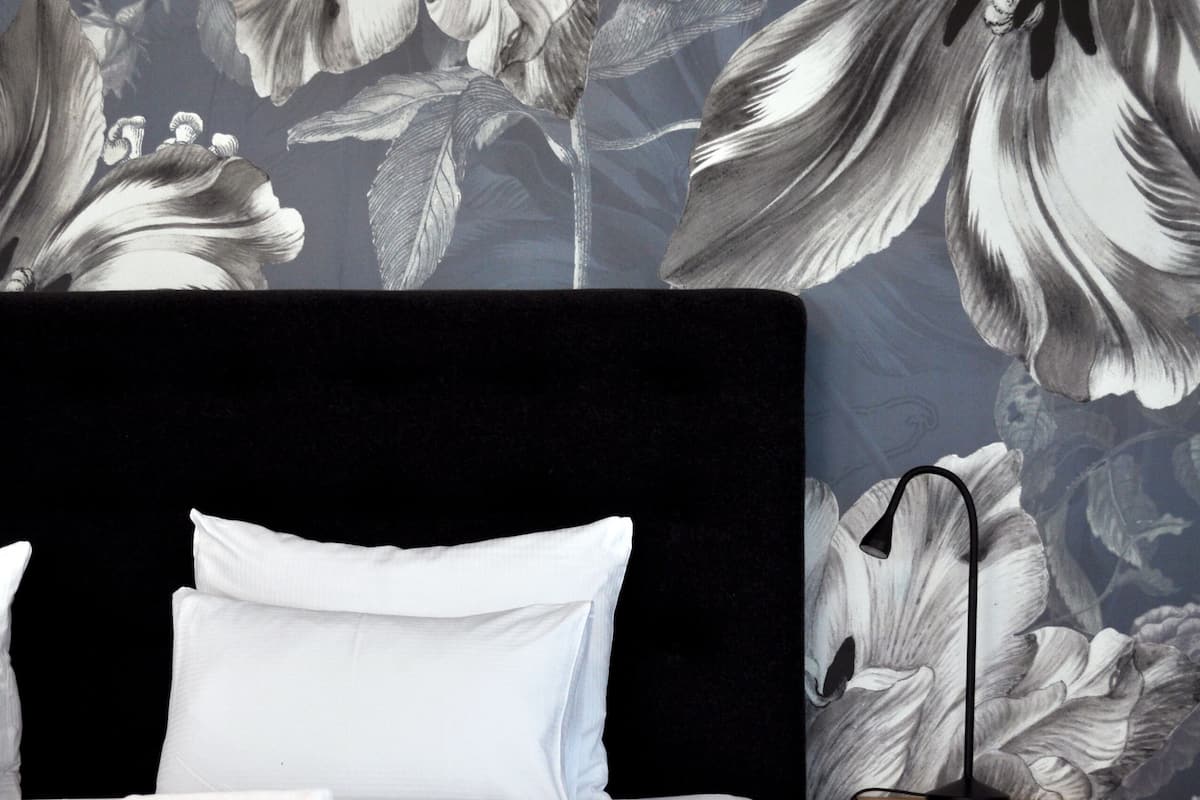A neatly made bed with white linens and pillows, a black headboard, and a wooden bedside table with a lamp.