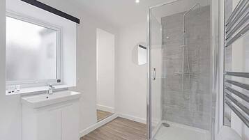 Shower, hair dryer, shampoo