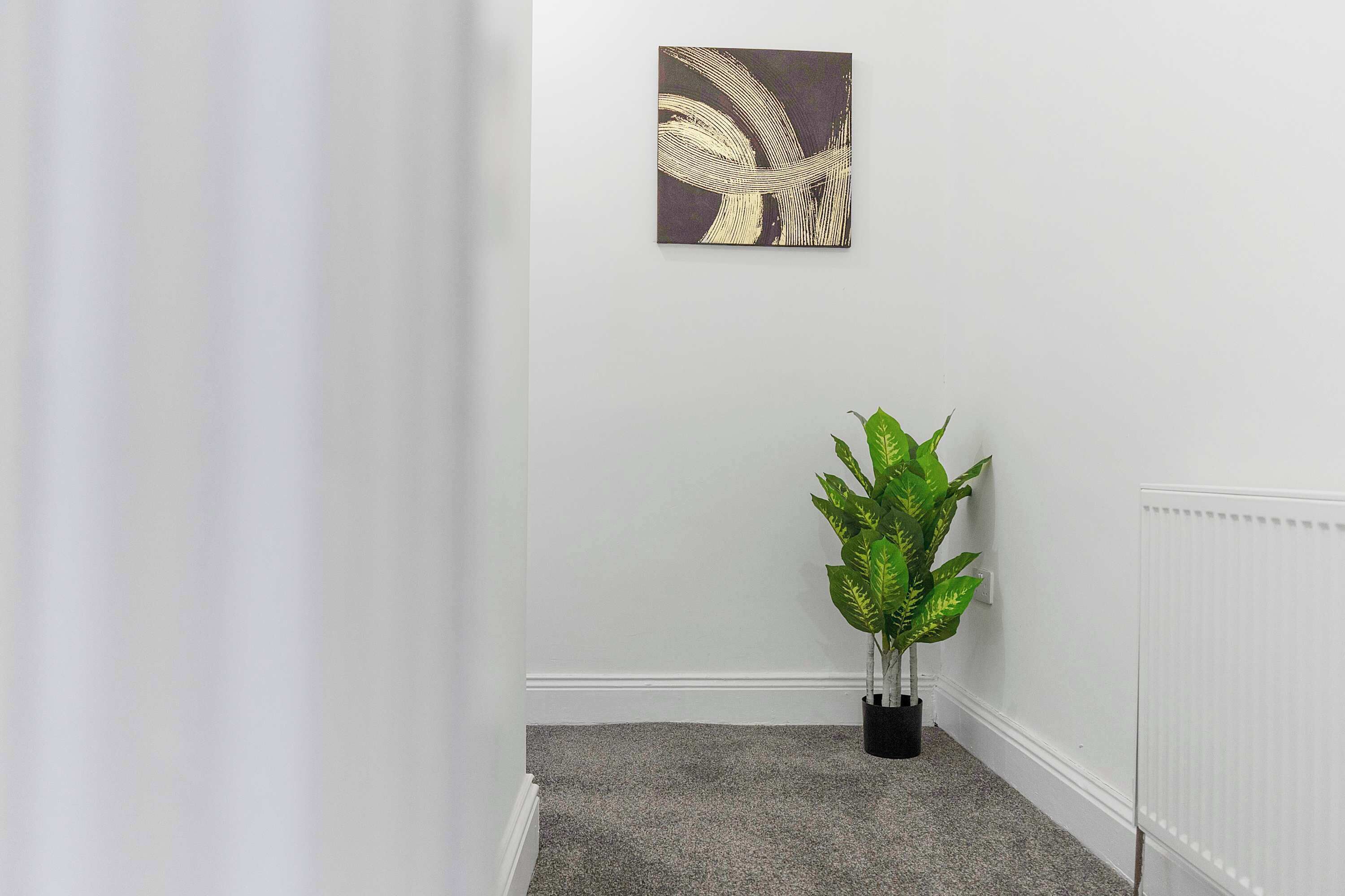 A hallway with a radiator, a potted plant, and a wall-mounted artwork.