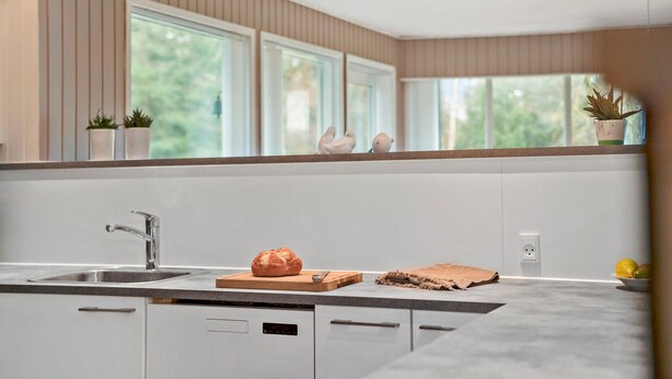 Eine moderne Küche mit eingebautem Geschirrspüler, einer Edelstahl-Spüle und einer Holz Arbeitsplatte.
