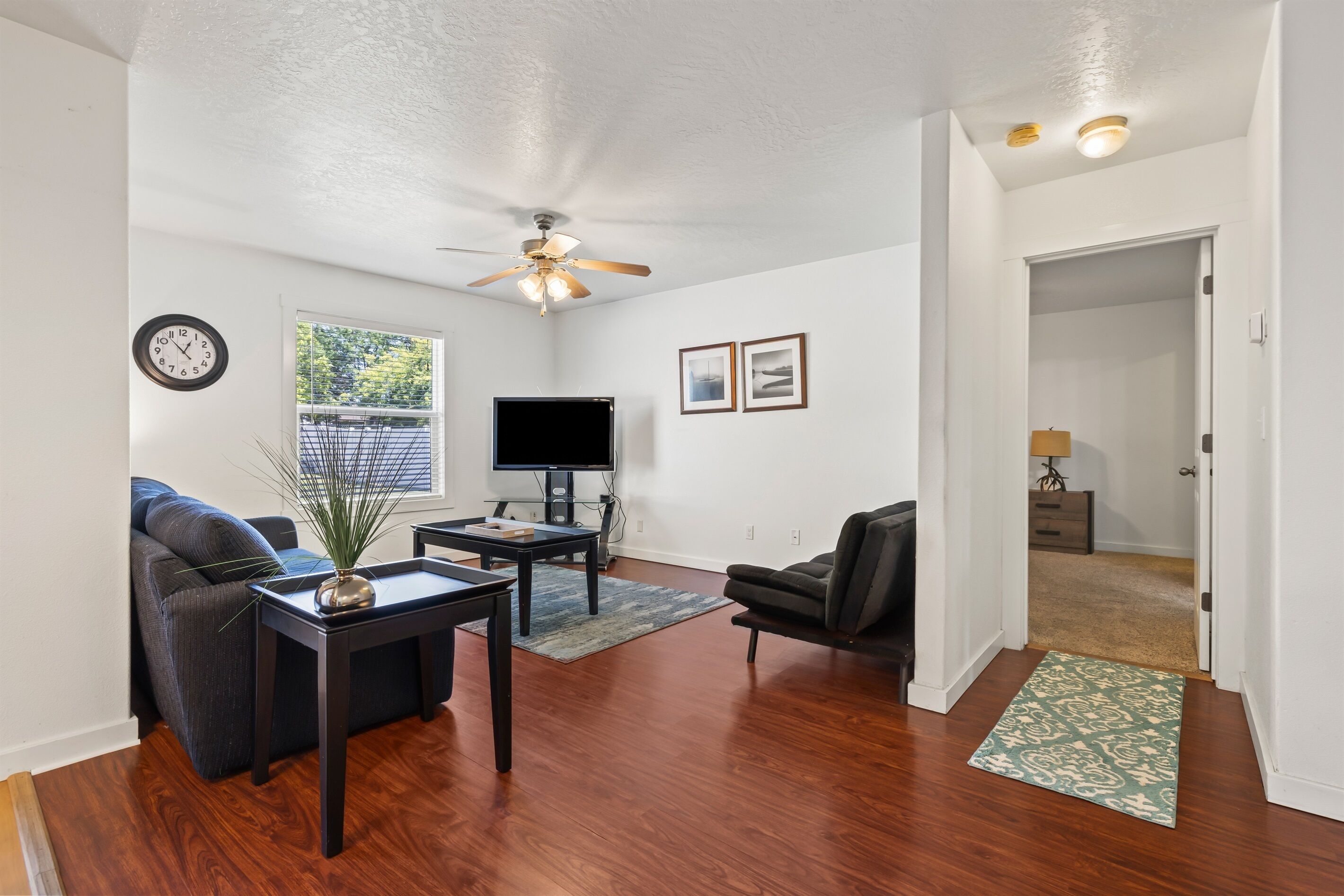 A living room with a ceiling fan, a flat-screen TV, a sofa, a coffee table, and a rug.