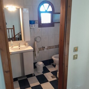 Hair dryer, towels, soap, shampoo