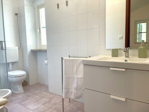 A bathroom with a toilet, shower, and sink.