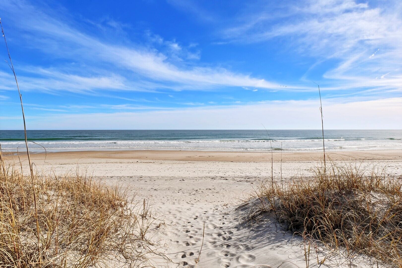 Une plage de sable, avec une végétation clairsemée, et des empreintes de pas qui mènent à l’eau.