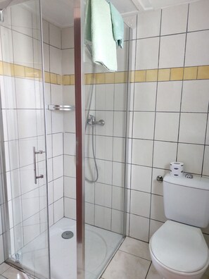 Une salle de bain avec une douche à parois de verre, des toilettes et une serviette accrochée à la porte de la douche.