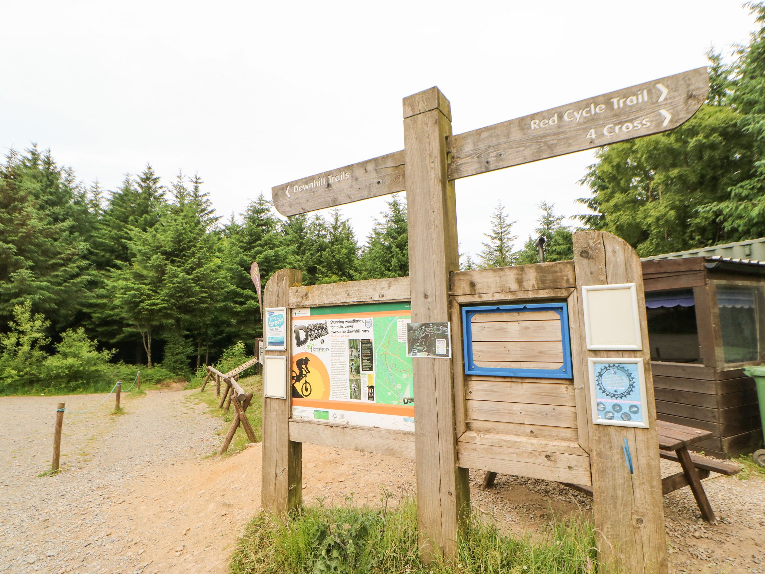 A wooden signpost with directional arrows and a map, surrounded by a forested area.