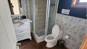 Une salle de bain comprenant un espace douche, des toilettes, un lavabo et un miroir.