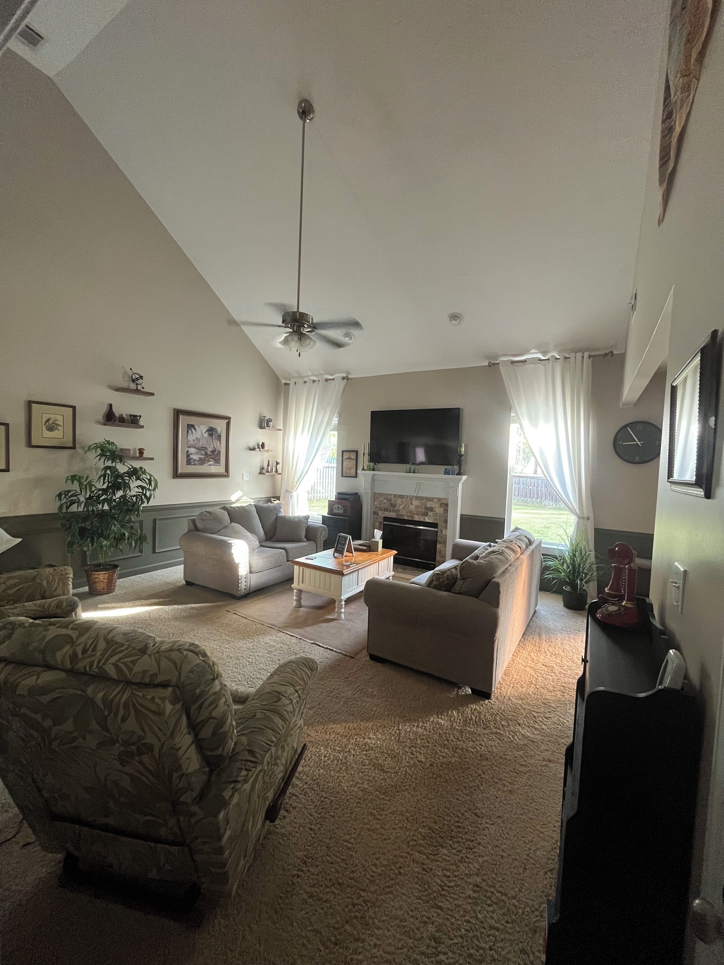 TV connectée, cheminée, lecteur de DVD, livres