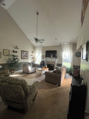 Smart TV, fireplace, DVD player, books