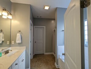 Hair dryer, towels, soap, shampoo
