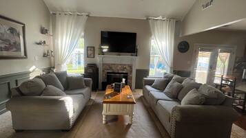 Smart TV, chimenea, reproductor de DVD y libros