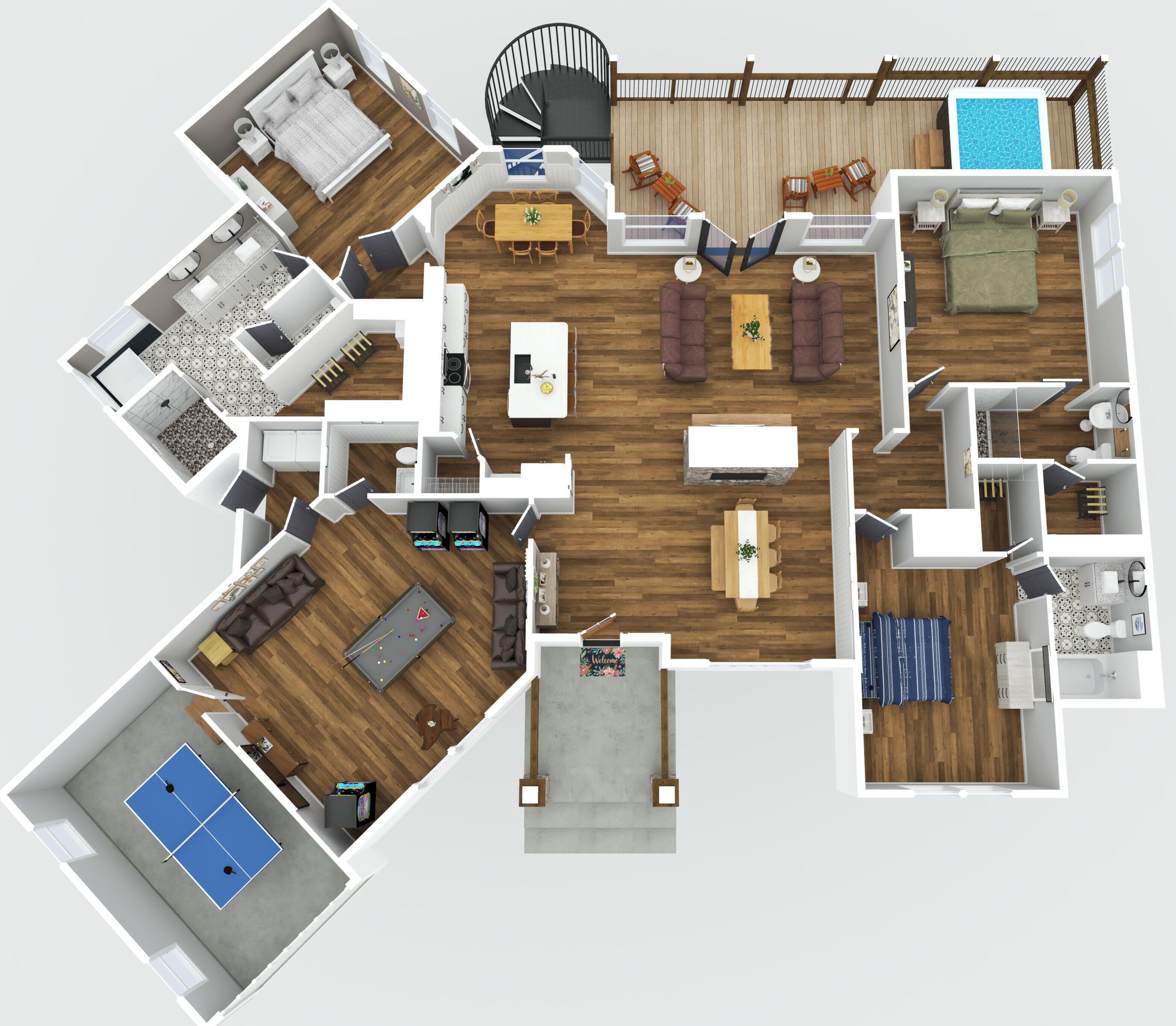 Planta baixa em 3D de um hotel com piscina, vários quartos, sala de jantar e sala de estar.