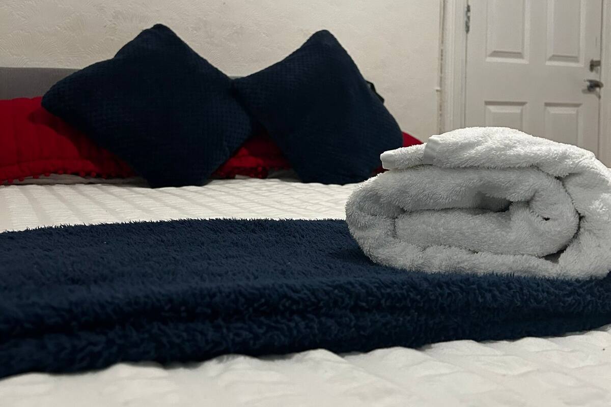 A neatly made bed with a folded white towel, two dark blue pillows, and a red blanket. A colorful abstract painting hangs on the wall above the bed.