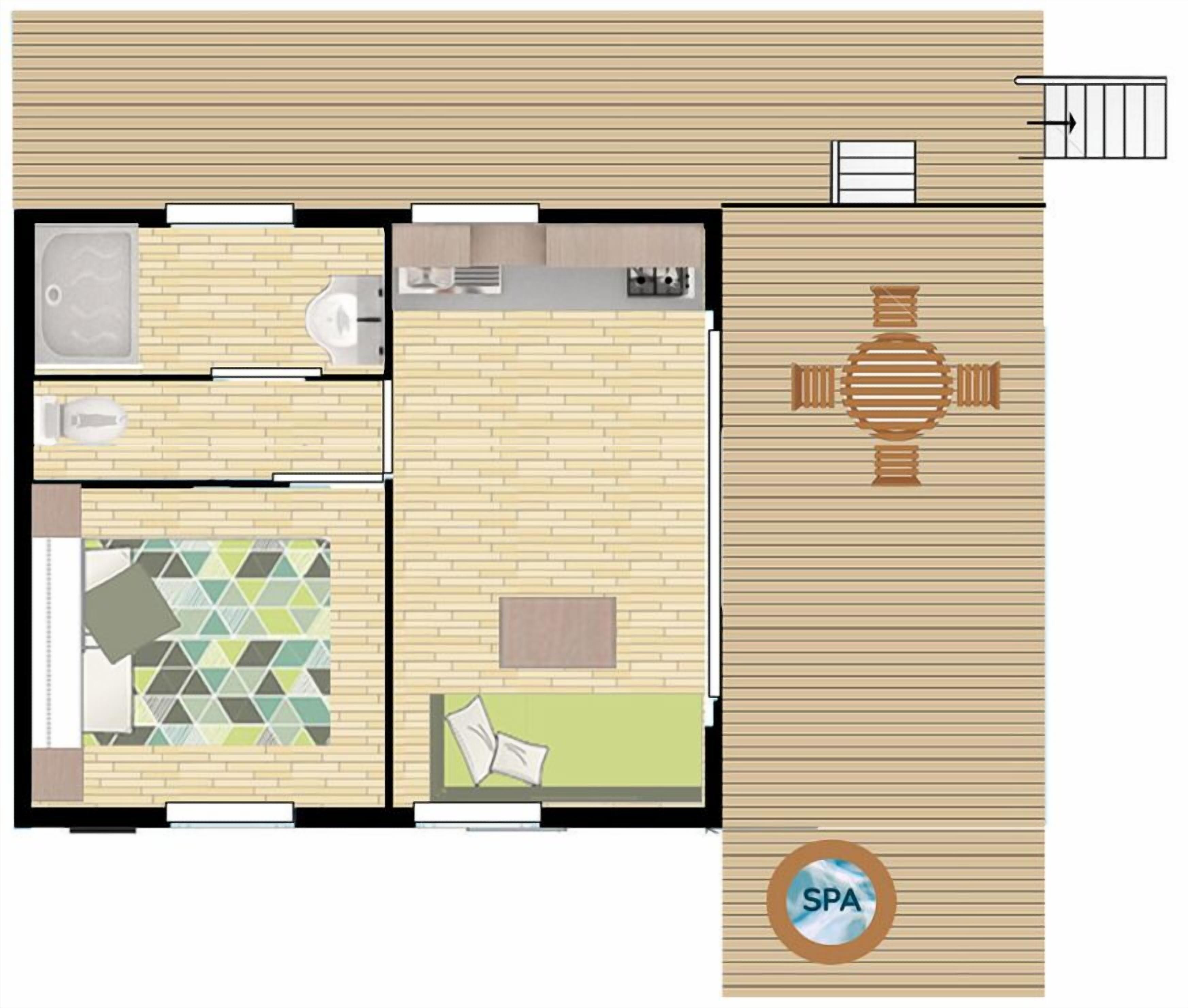 Plano de planta de un hotel con cocina, comedor y spa.