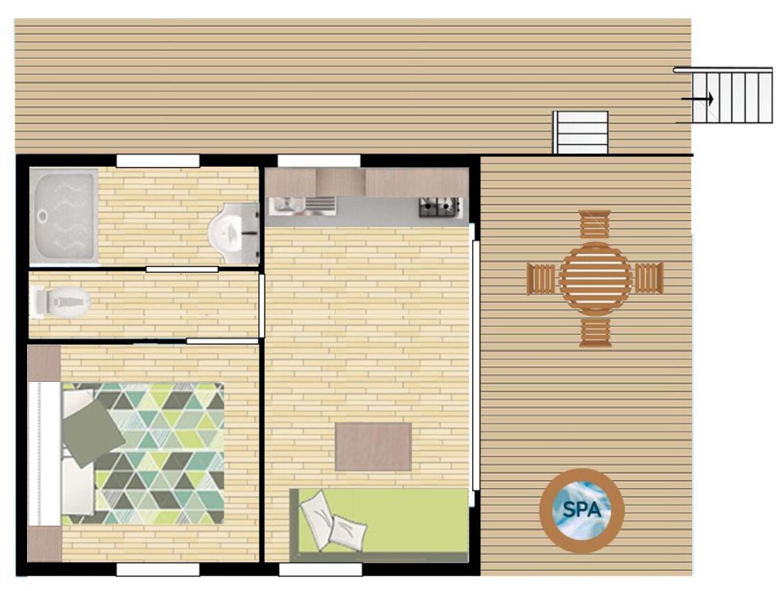 Un hôtel comprenant un espace spa, un coin repas, une cuisine et une salle de bain.