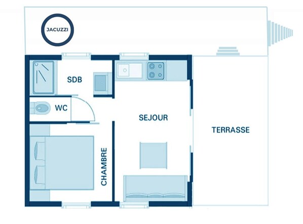 A hotel room layout with a bathroom, kitchen, living area, and terrace.
