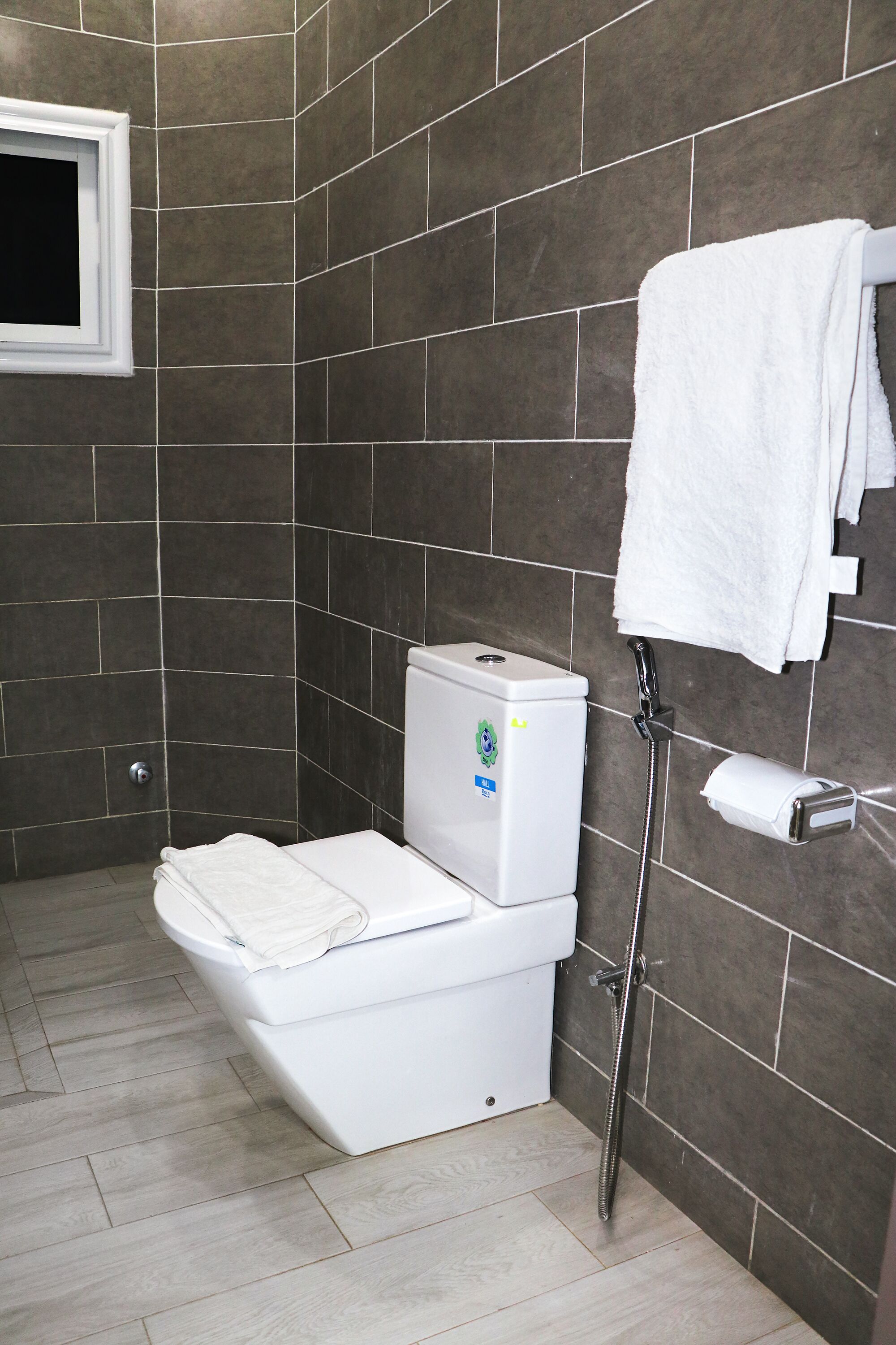Une salle de bain équipée de toilettes, d’une douche et d’un porte-serviettes.