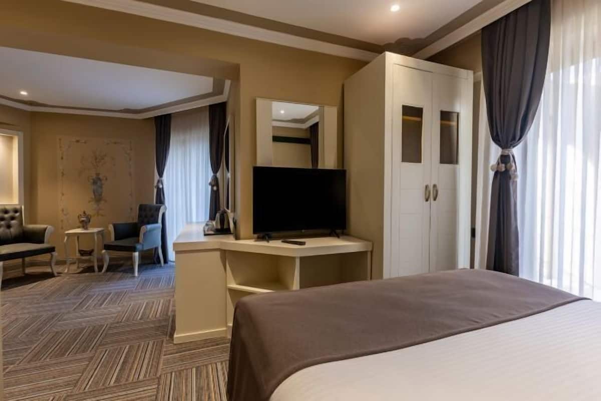 A hotel room with a bed, desk, TV, seating area, and wardrobe.