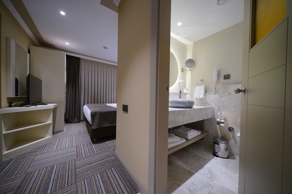 Habitación de hotel con cama, televisión, escritorio y baño con lavamanos, espejo y toallero.