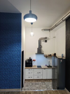 Grand réfrigérateur, micro-ondes, plaque de cuisson, plancha