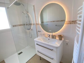 Douche, séchoir à cheveux, papier de toilette