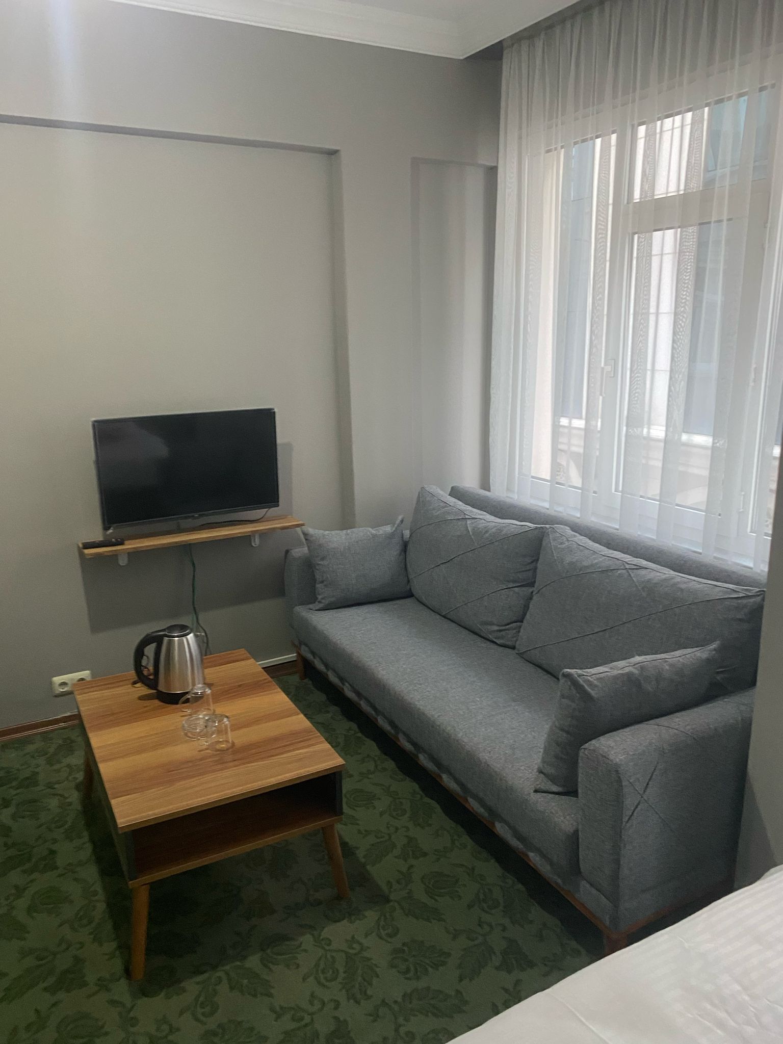 Una habitación con un sofá gris, una mesa de centro de madera, un televisor en un estante y una ventana con cortinas translúcidas.