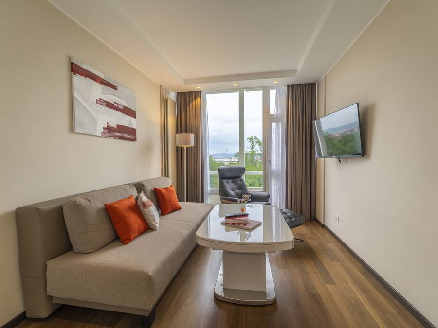 Una habitación de hotel moderna con sofá, una mesa de centro, televisor y vistas al exterior.