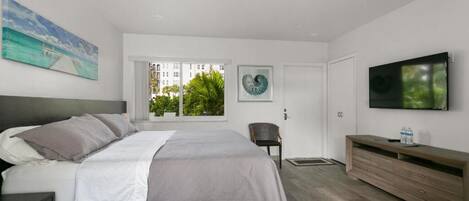 Ein modernes Schlafzimmer mit Bett, Fernseher, Fenster und Tür.