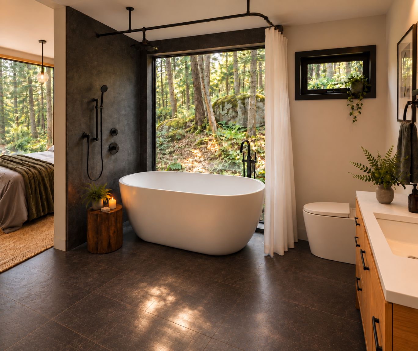 A modern bathroom with a freestanding bathtub, a toilet, and a sink.