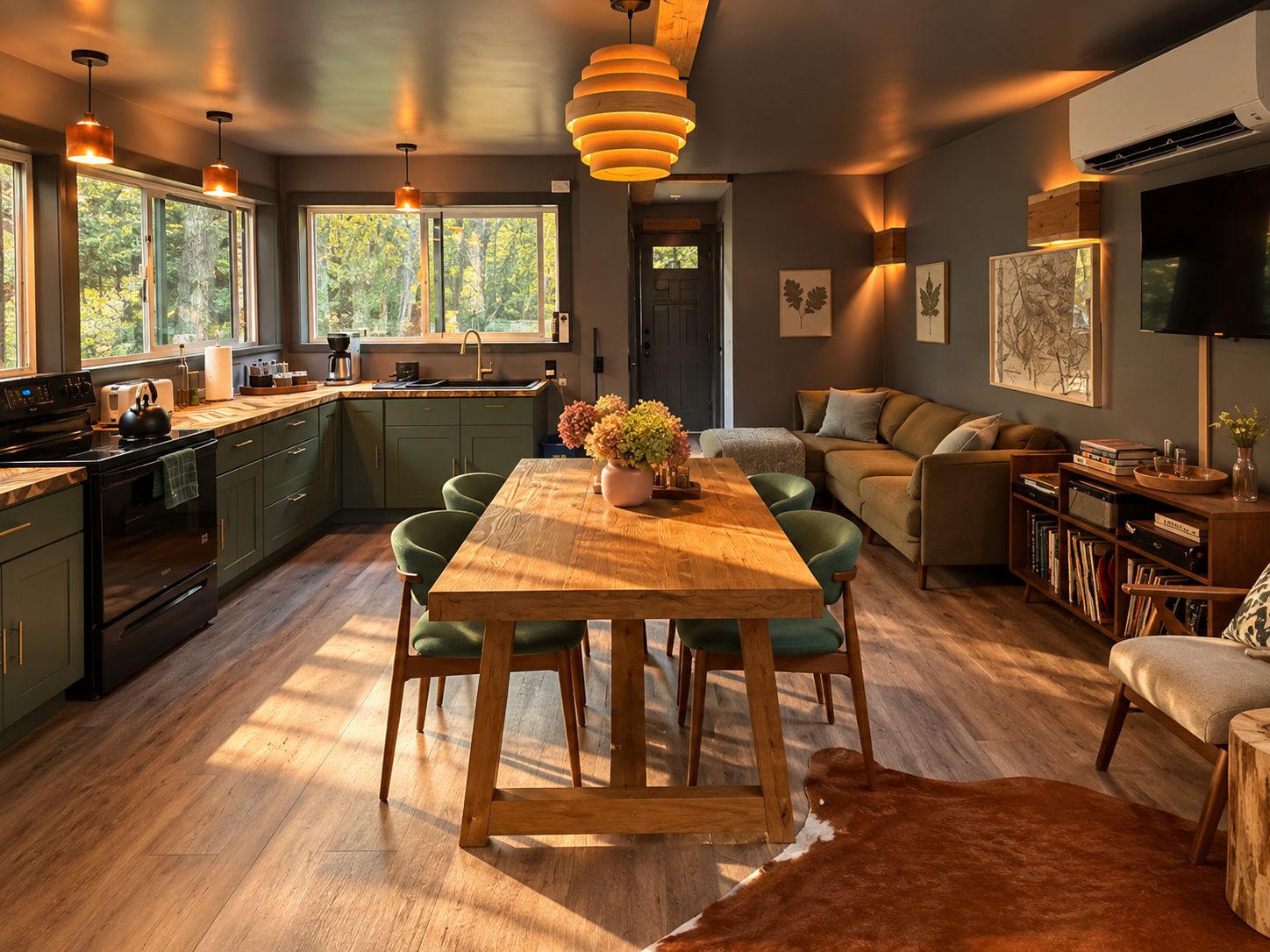 A modern kitchen with a central island, dining chairs, and a wooden table.