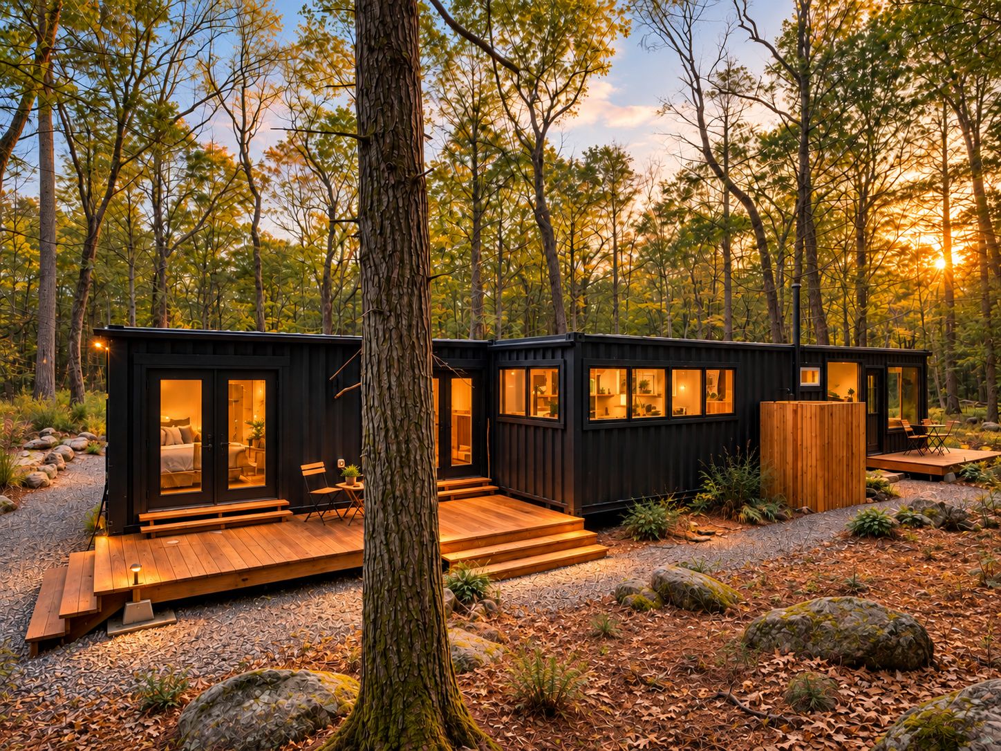 Une cabane dotée d’une terrasse, de sièges intégrés et offrant une vue sur la forêt.