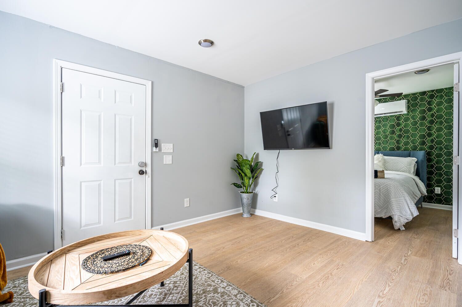 A modern room with a wooden floor, a round table, a potted plant, a flat-screen TV, and a bed with a green patterned wall.