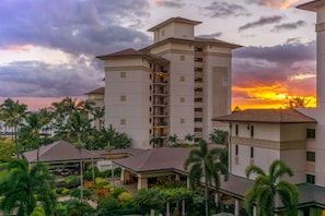 Un hotel de varios pisos con un patio central, rodeado de palmeras y paseos cubiertos.