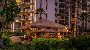 Un resort con una zona bar con tetto di paglia, immerso nel verde e palme.
