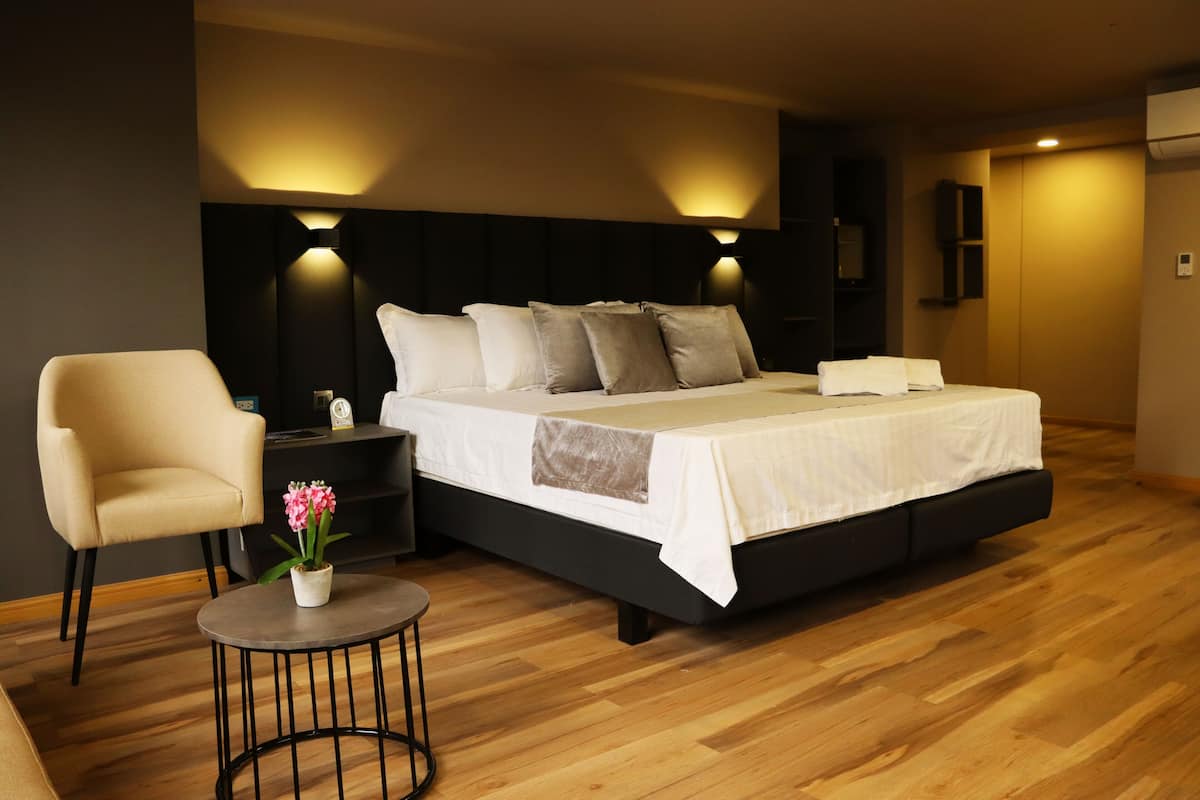 A modern hotel room with a large bed, bedside tables, a chair, a small round table with a potted plant, and wall-mounted lighting.