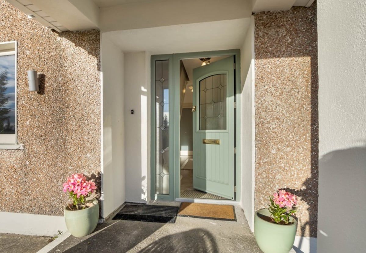 Une entrée d’immeuble avec une porte verte, un pot de fleurs et un paillasson.