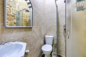 Hair dryer, towels, soap, toilet paper