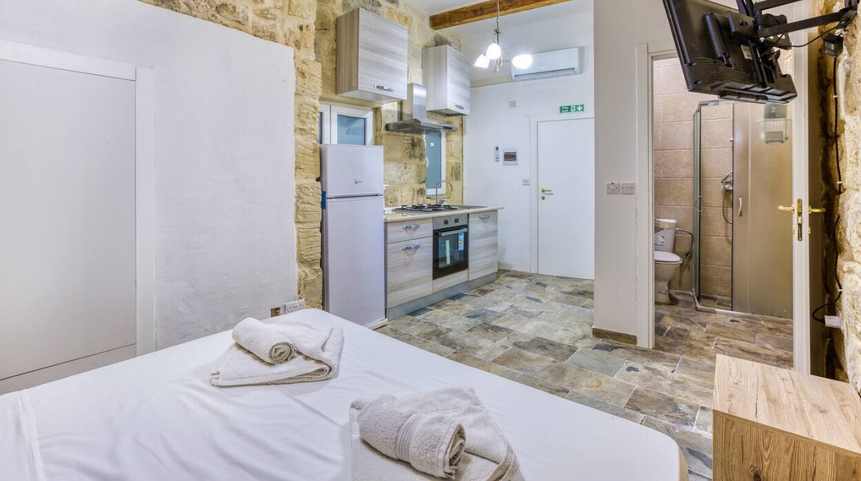 Un dormitorio con cama, un baño con ducha y una kitchenette con estufa y refrigerador.