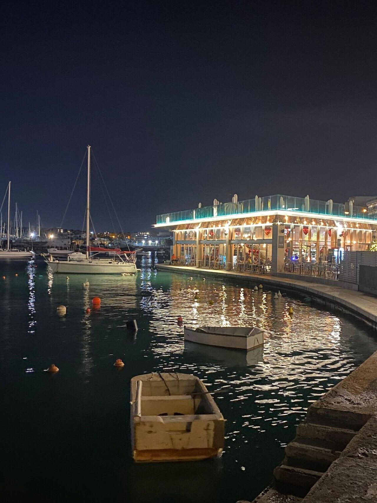 Un bâtiment situé au bord de l’eau, doté d’une façade en verre, un quai avec des bateaux, et un ciel nocturne dégagé.