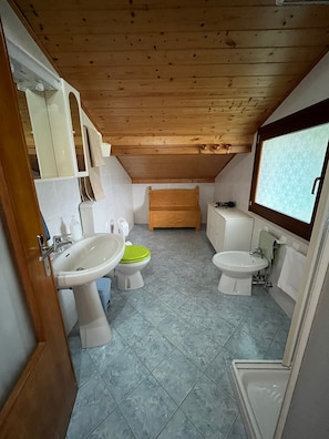 A compact bathroom with a wooden ceiling, a sink, two toilets, and a small wooden bench.