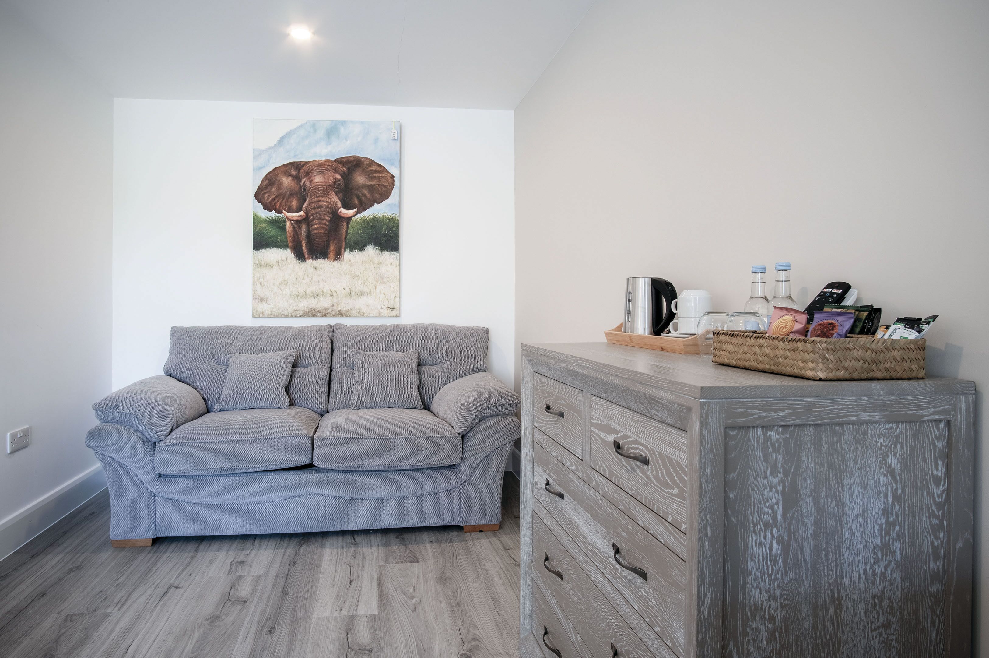 A modern living room with a grey sofa, a wooden cabinet, and a painting of an elephant.