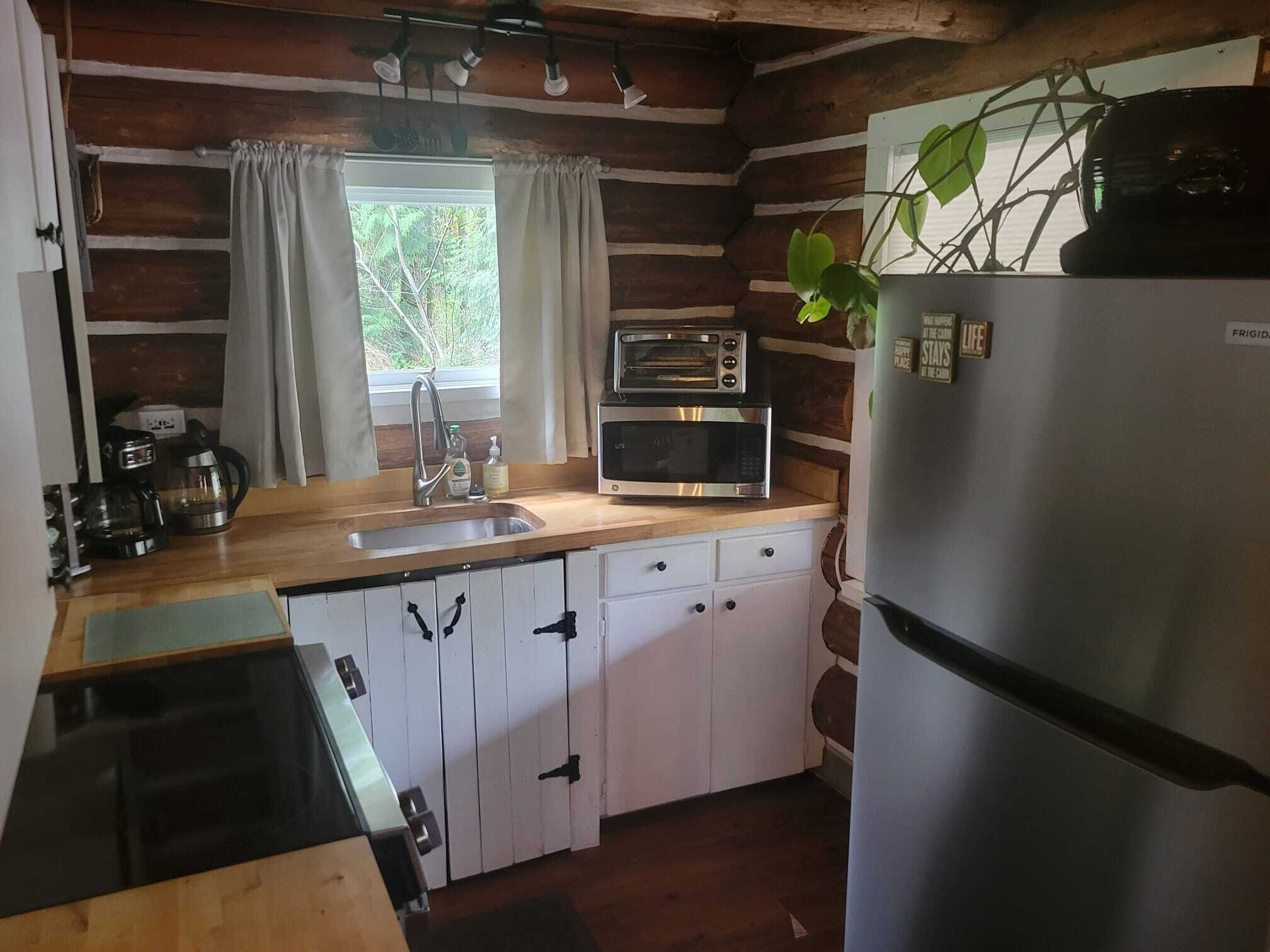 Una cucina compatta con lavandino, fornelli, forno a microonde e frigorifero.