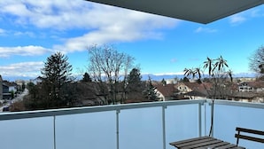Uma varanda com vista para uma área residencial, uma mesa com uma cadeira e uma planta decorativa.